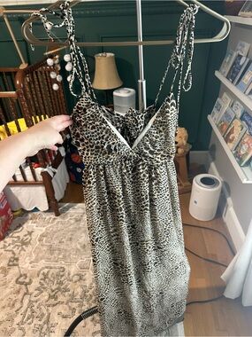 Lush Leopard Print Tie-Shoulder Dress in Black and Cream